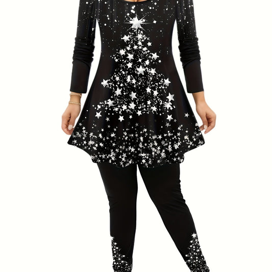  Glitter Christmas Tree & Star Print Tunic Top & Leggings Set