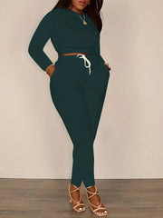 Solid Casual Two piece Set Crew Neck Long Sleeve Tops & Drawstring Elastic Waist