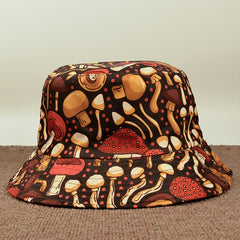 Foldable Sunshade Bucket Hat Mushroom Print Double Sided Sun Hat