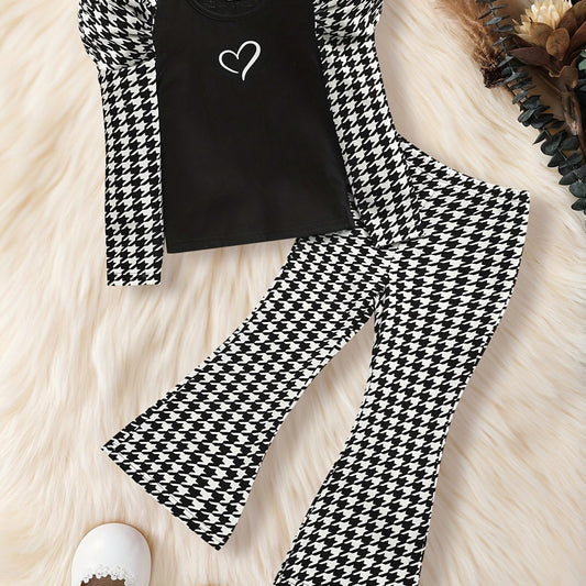 Girl's Heart Print Top & Flared Pants Set Houndstooth Pattern Outfit