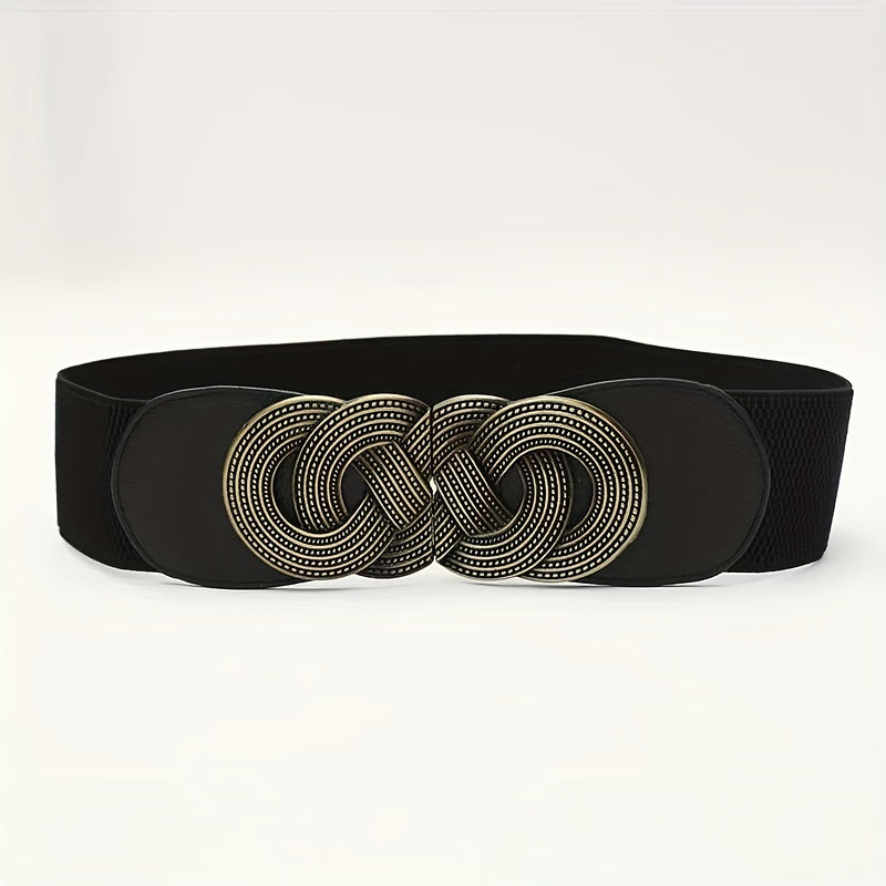 Chinese Knot Buckle PU Belt Retro Elastic Wide Waistband