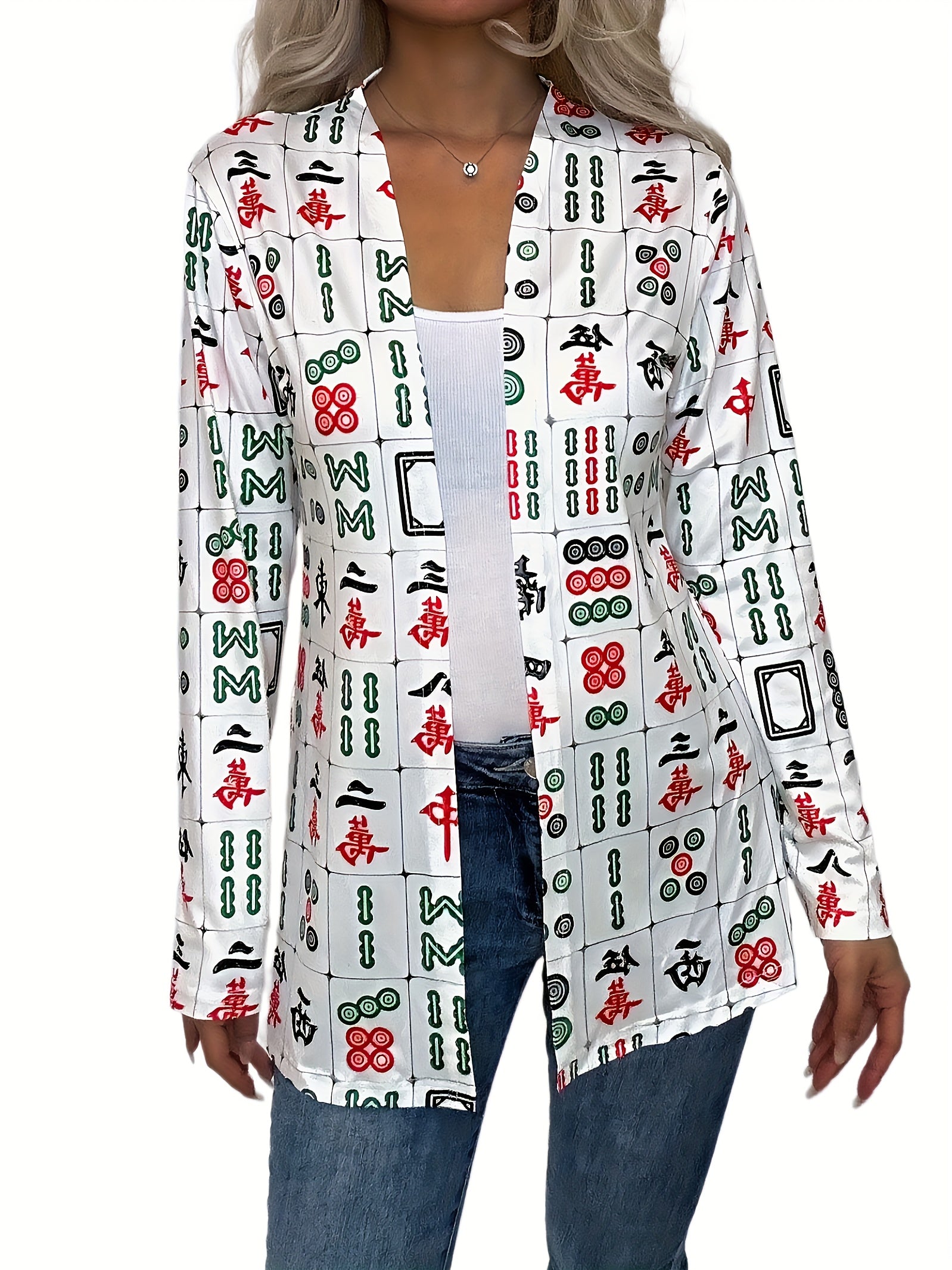  Open Front Cardigan V Neck Long Sleeve Stretch Print Casual