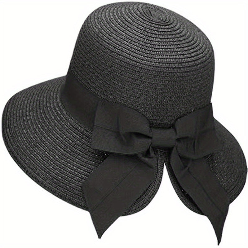 Bowknot Ponytail Sun Hat Wide Brim UV Protection Straw Hat Lightweight Foldable