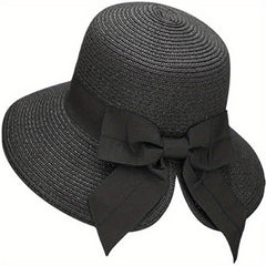 Bowknot Ponytail Sun Hat Wide Brim UV Protection Straw Hat Lightweight Foldable