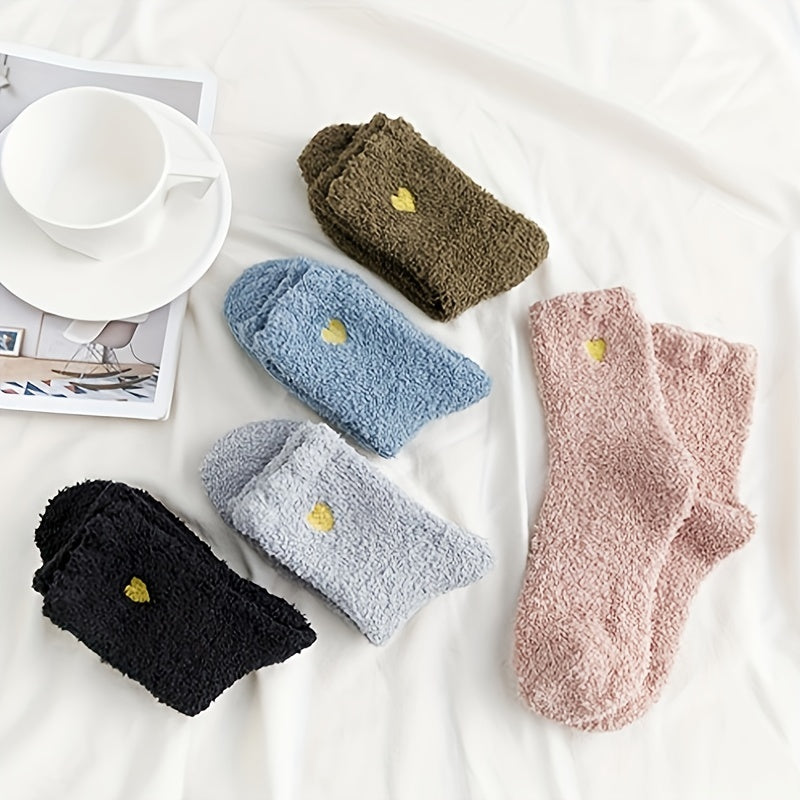 8 Pairs Heart Embroidery Fuzzy Socks Women's Stockings