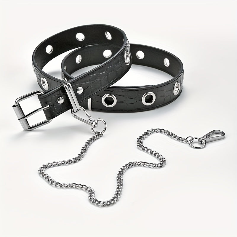 Men's Automatic Buckle Belt With Chain PU Leather Belt Punk Waist Strap