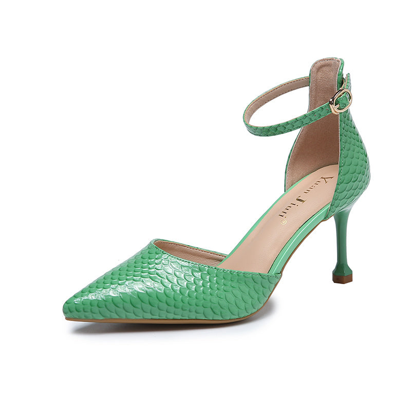 Snakeskin Pattern Ankle Strap Stiletto Heeled Pumps