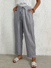  Striped Elastic Drawstring Crop Pants
