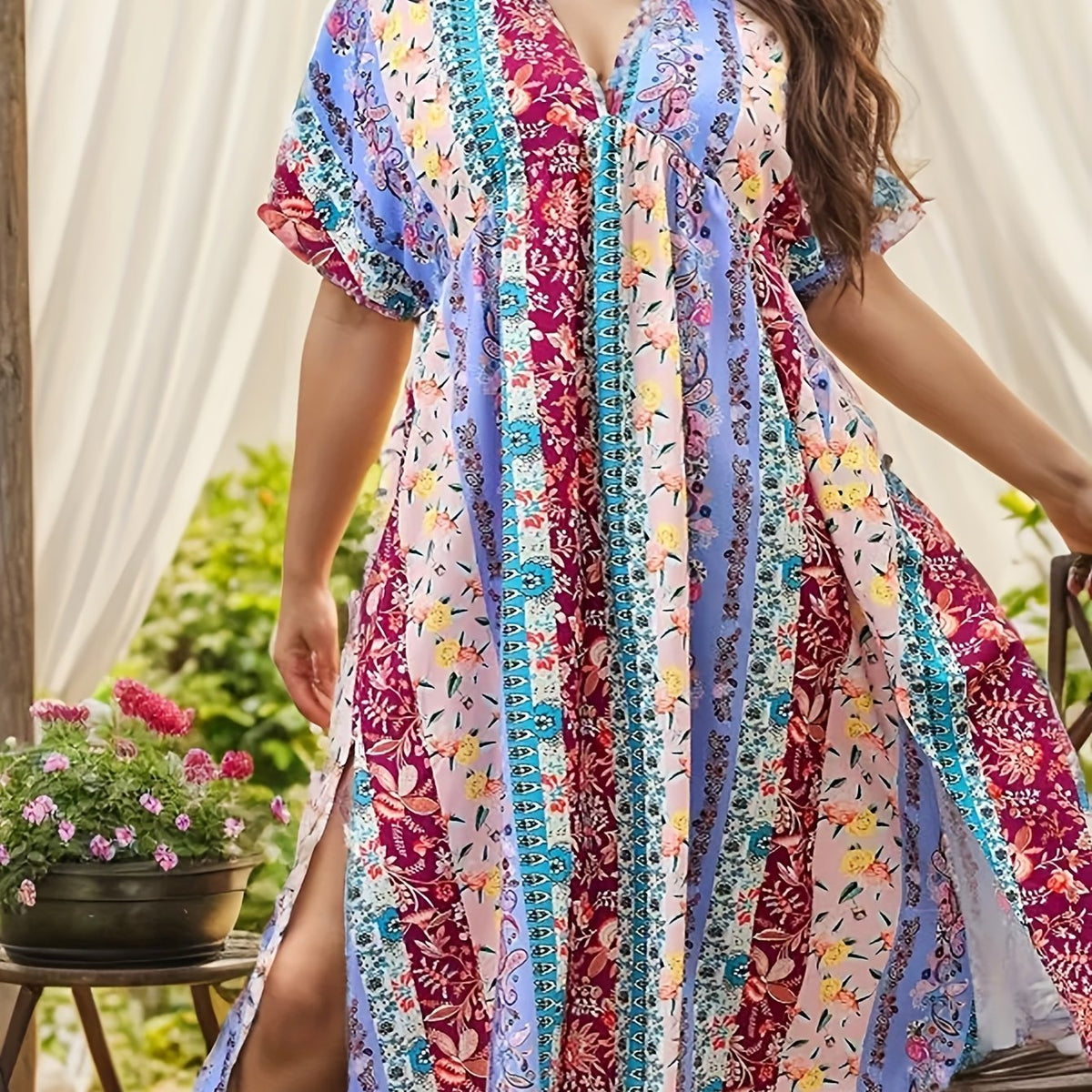  Boho Dress Women's Plus Patchwork Print Batwing Sleeve V Neck