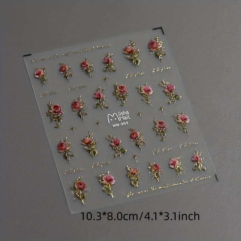 5D Embossed Rose Flower Nail Sticker Decals