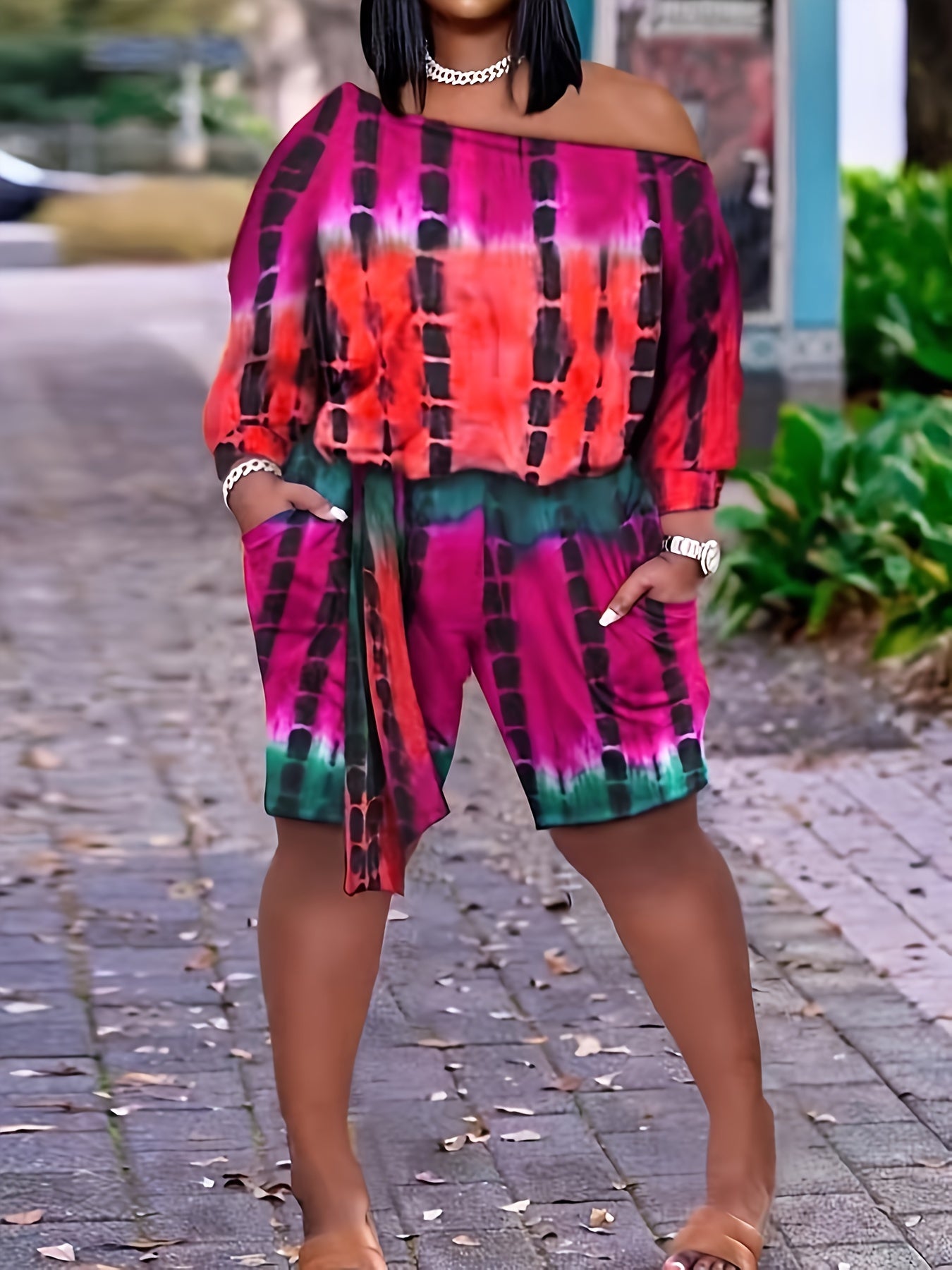  Tie Dye One Shoulder Top & Shorts Set With Belt