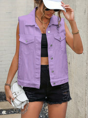 Sleeveless Denim Vest Button Ripped Distressed Jacket
