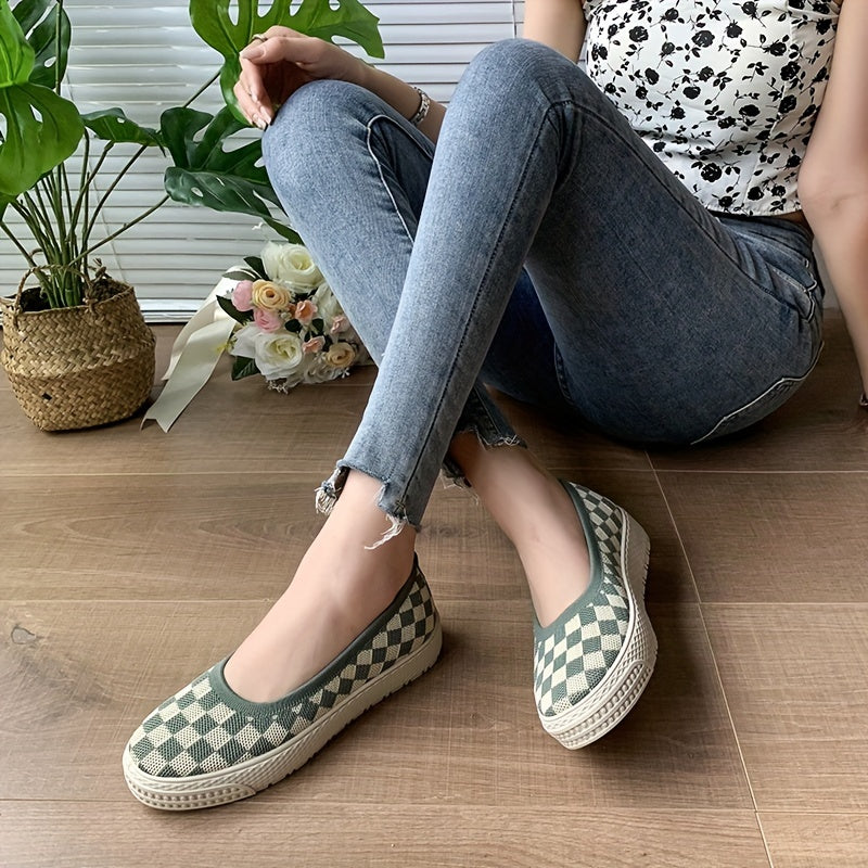 Women's Plaid Loafers Knit Slip On Shoes Comfortable Flats