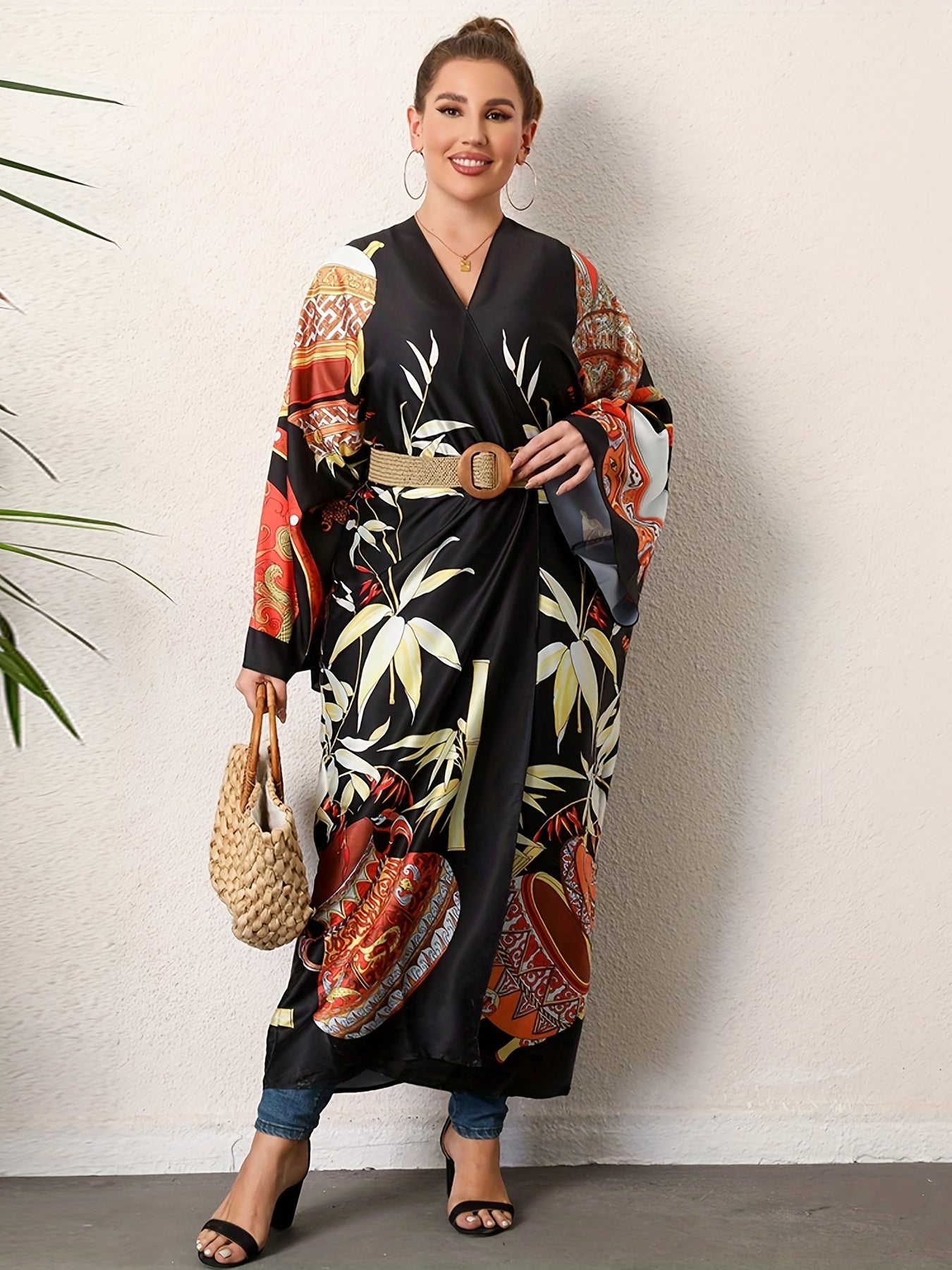  Boho Kimono Tribal Print Long Sleeve Beachwear