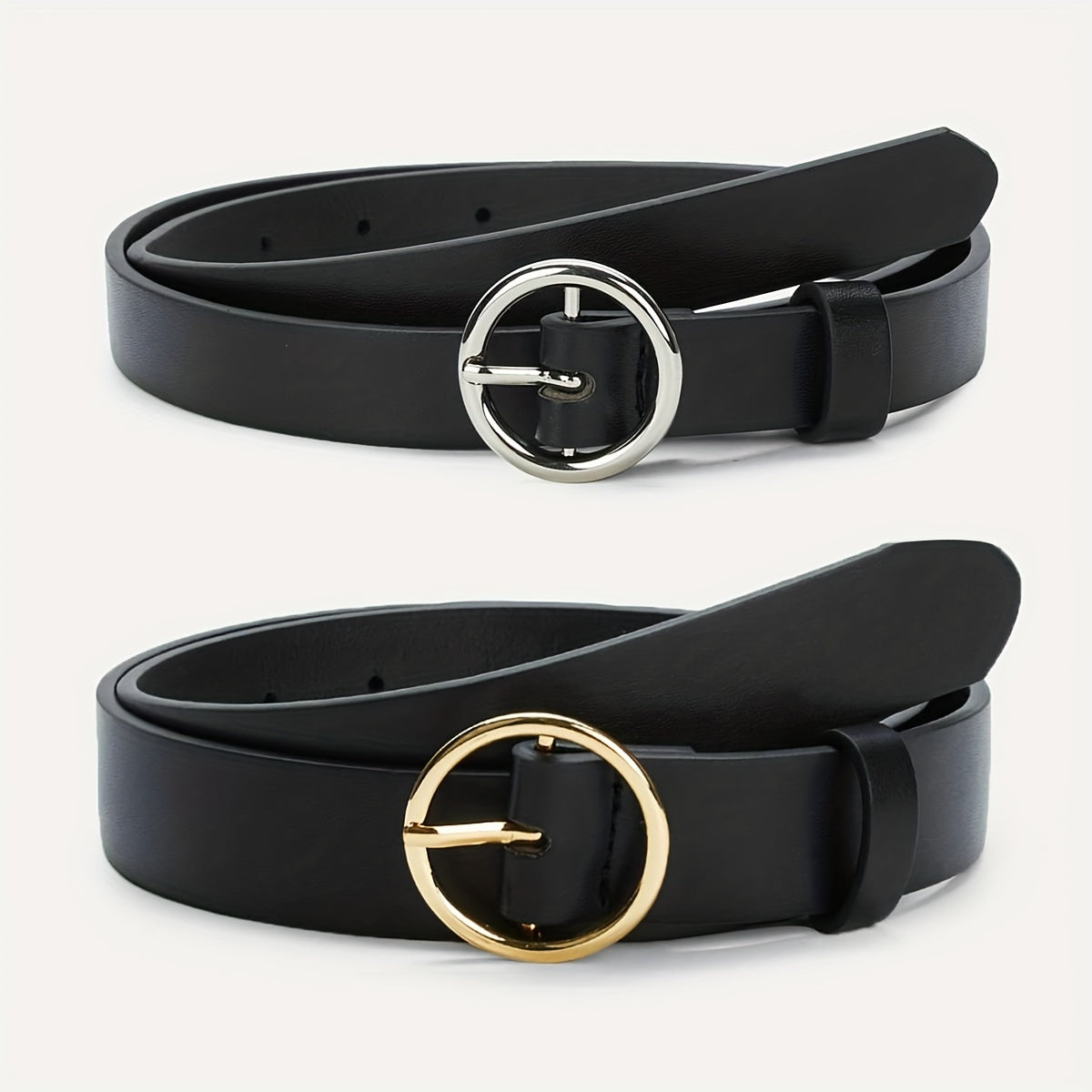 2pcs Set Round Pin Buckle 1.8" 2-Belt Solid PU Casual Belt for Women