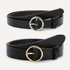 2pcs Set Round Pin Buckle 1.8" 2-Belt Solid PU Casual Belt for Women