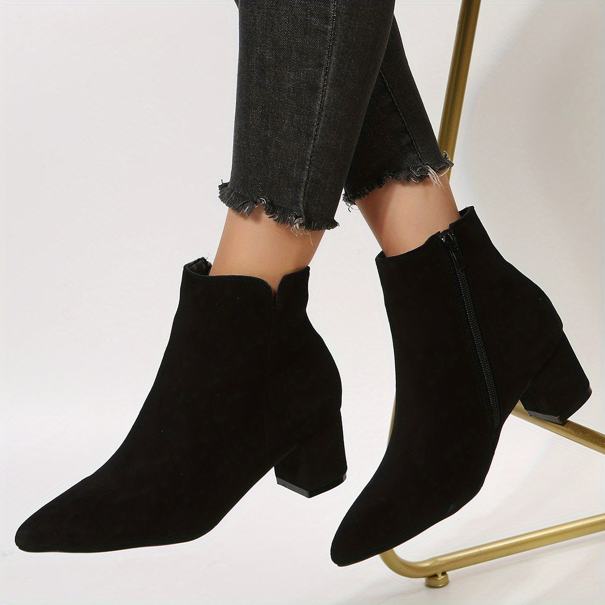 Solid Chunky Heel Short Boots Point Toe Side Zipper Dress Ankle Boots