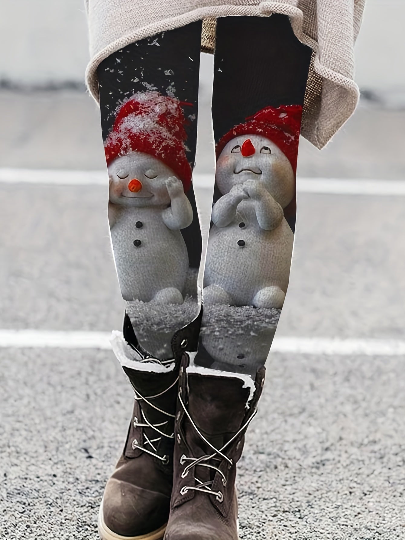 Snowman Print High Waist Leggings for Winter