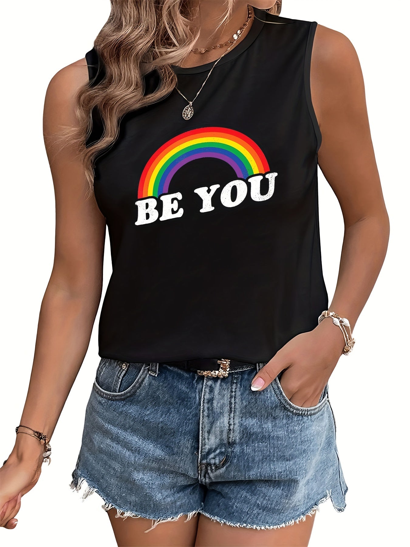  LGBT Casual Tank Top Women's Plus Rainbow Print Tank Top