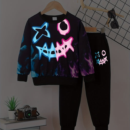 Funny Face Toddler Boy's 2pcs Halloween Sweatshirt & Sweatpants Set