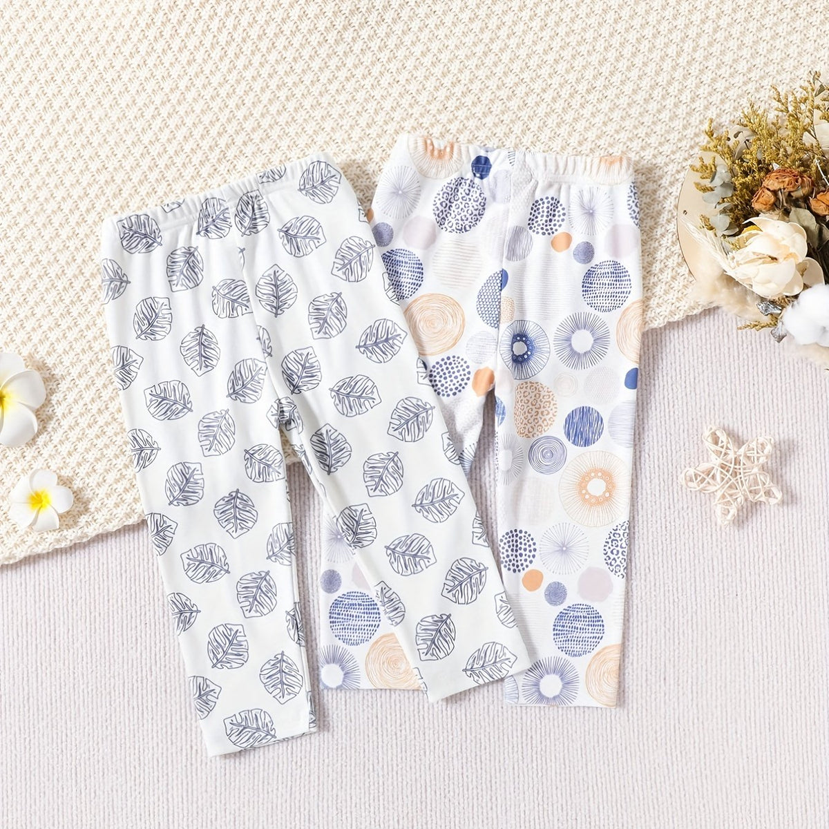2pcs Geo Leaf Print Toddler Leggings Slim Fit Outwear