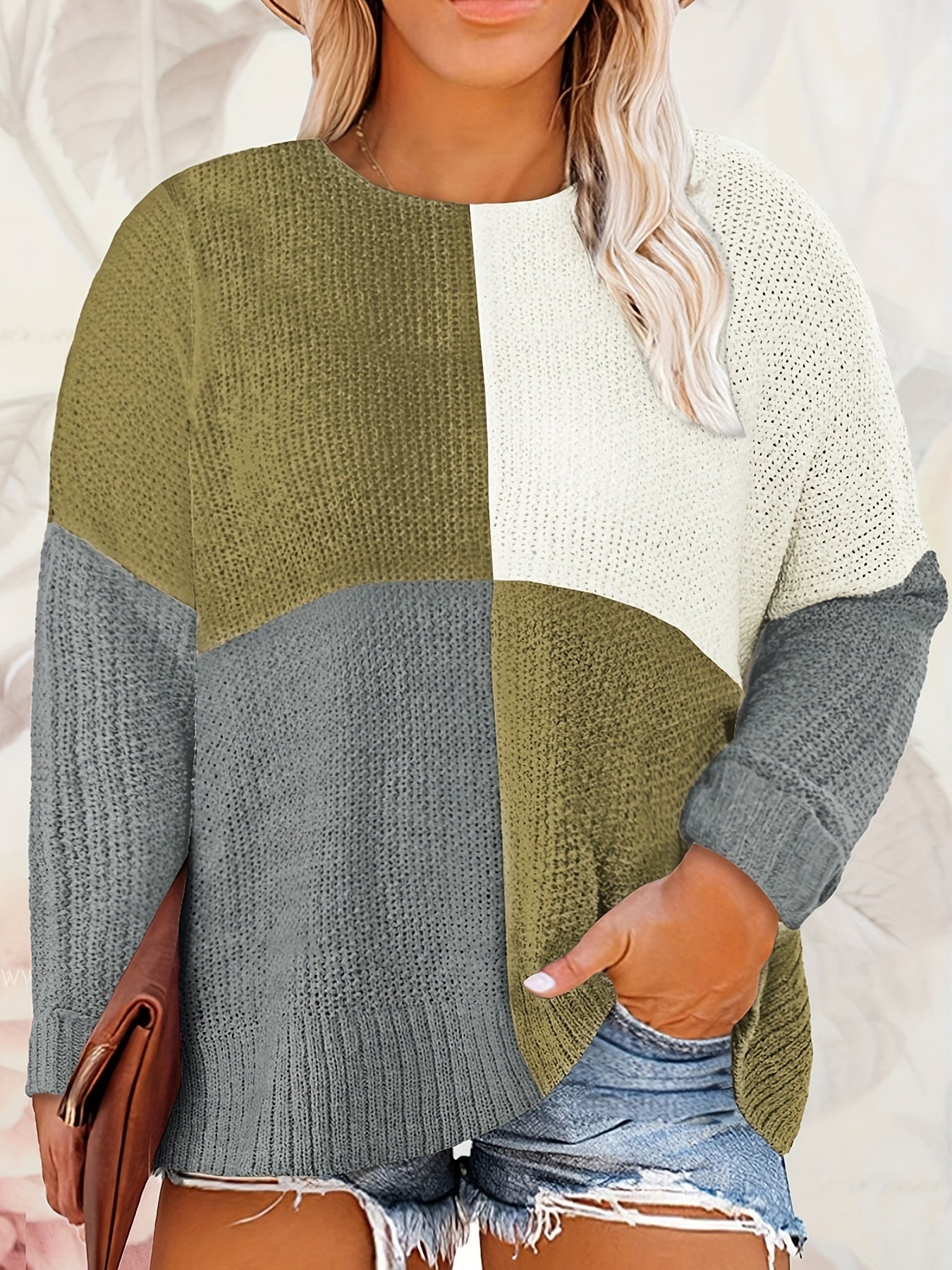  Colorblock Round Neck Pullover Sweater