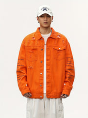 Men's Raw Trim Letter Print Denim Jacket for Spring Fall