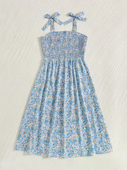  Ditsy Floral Print Shirred Tie Shoulder Cami Dress