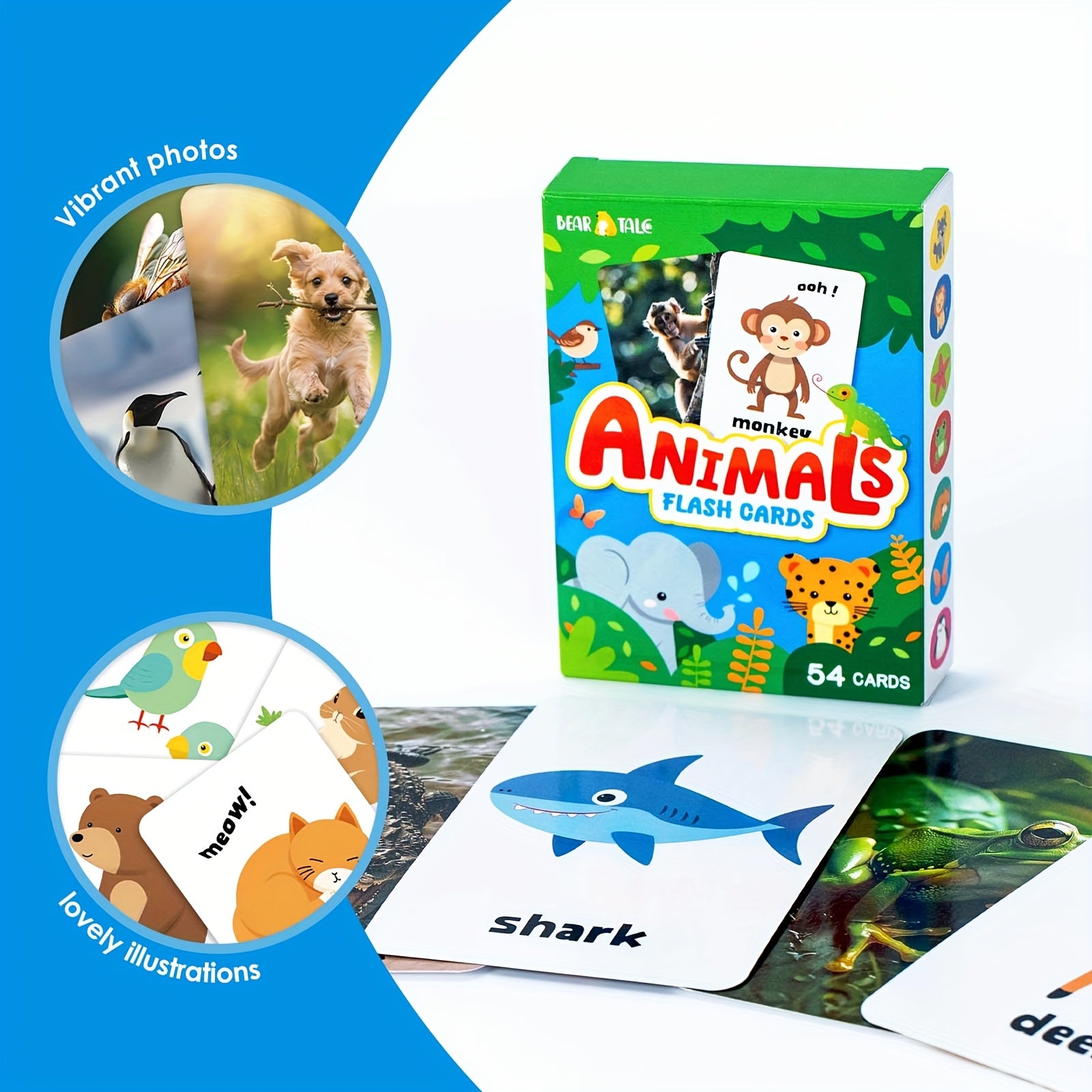 Animals Flashcards Real Photos & Cartoon Double Sided Baby Learning Cards