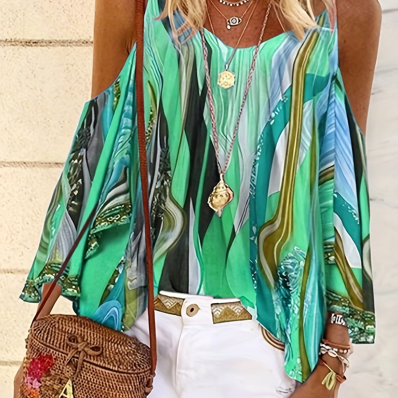 Geometric Print Off Shoulder T shirt Crew Neck Summer Tops