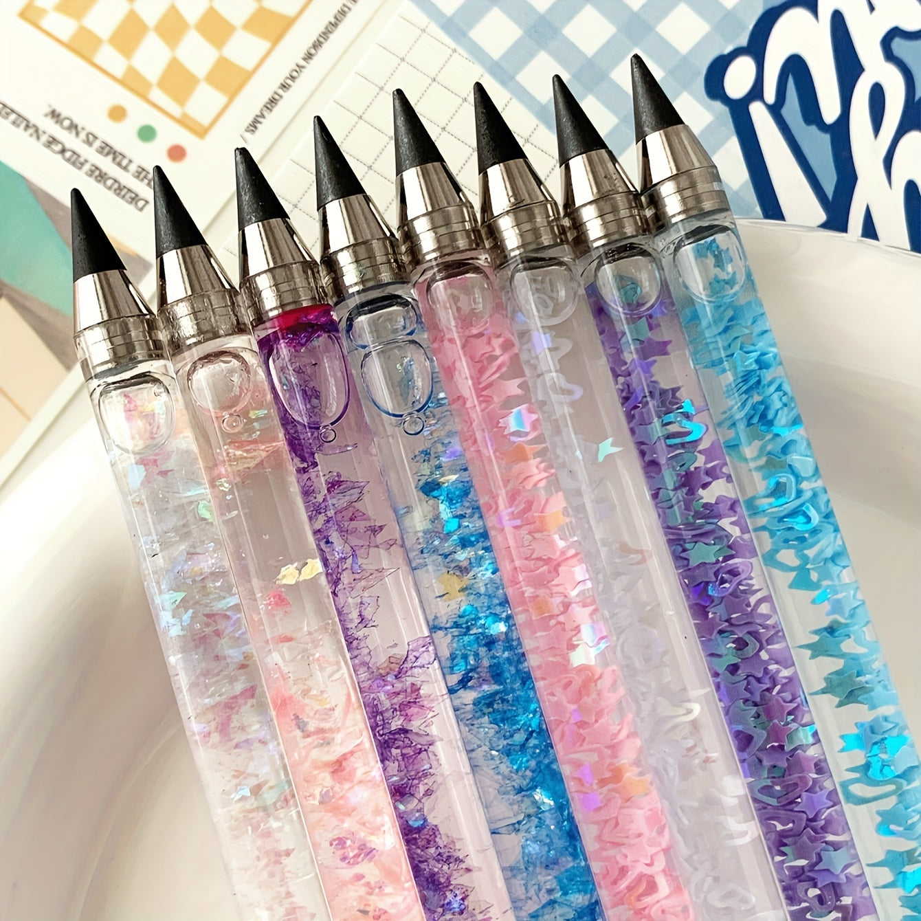 12pcs Inkless Eternal Pencils w/ Sequin, Var. Colors, School & Office Writing