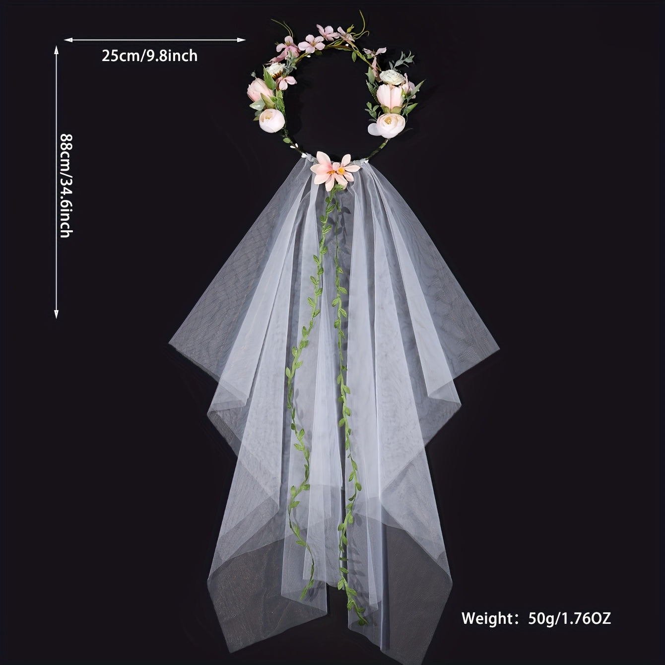 Romantic Pink Floral Bridal Veil with Crown