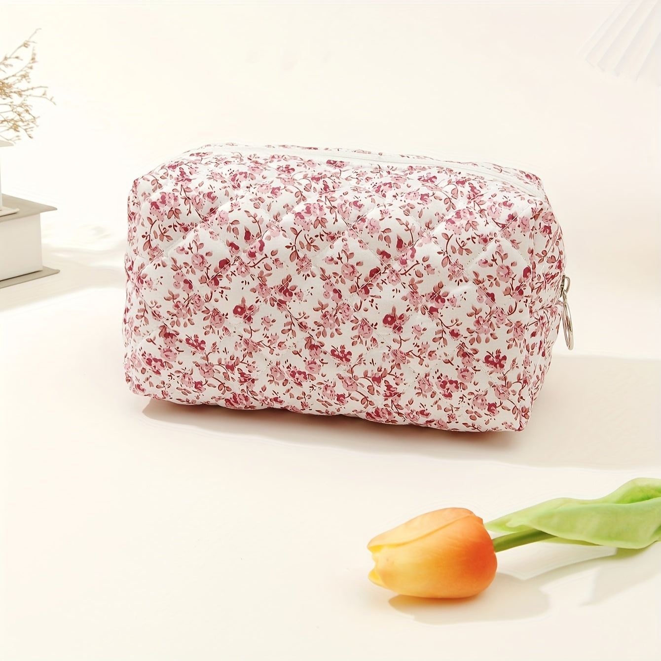 Floral Quilted Makeup Bag Cosmetic Storage for Women Durable Travel Pouch