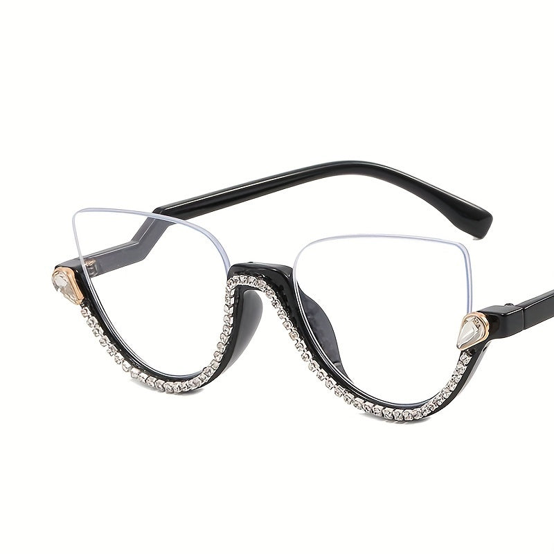 Cat Eye Clear Lens Glasses Rhinestone Decor Semi Rimless Party Glasses