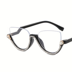 Cat Eye Clear Lens Glasses Rhinestone Decor Semi Rimless Party Glasses