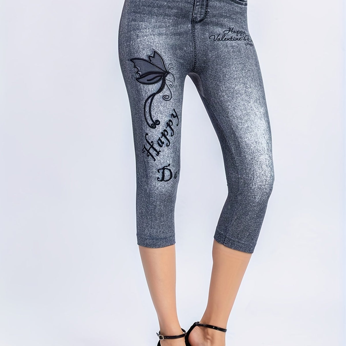 Denim & Butterfly Print Leggings Casual Skinny High Waist Women's Clothing