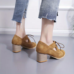 Women's Perforated Brogues Chunky Heels Cut out Lace Up Pointed Toe Short Boots