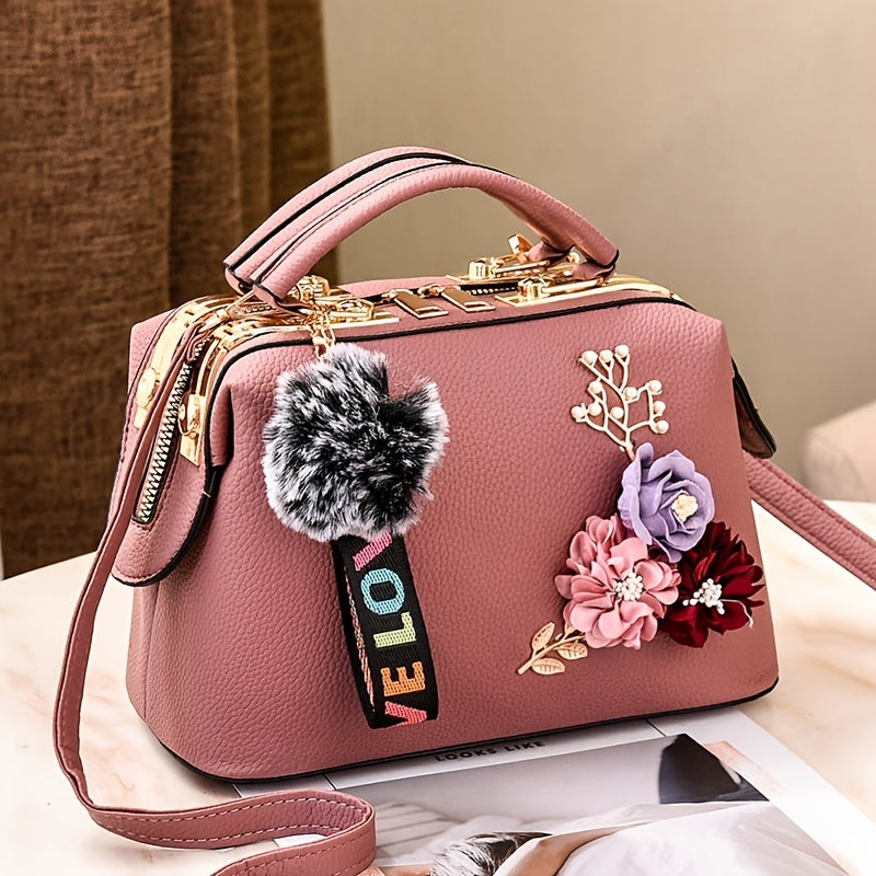 3D Floral Decor Handbag Faux Leather Crossbody Bag Women's Top Handle Purse
