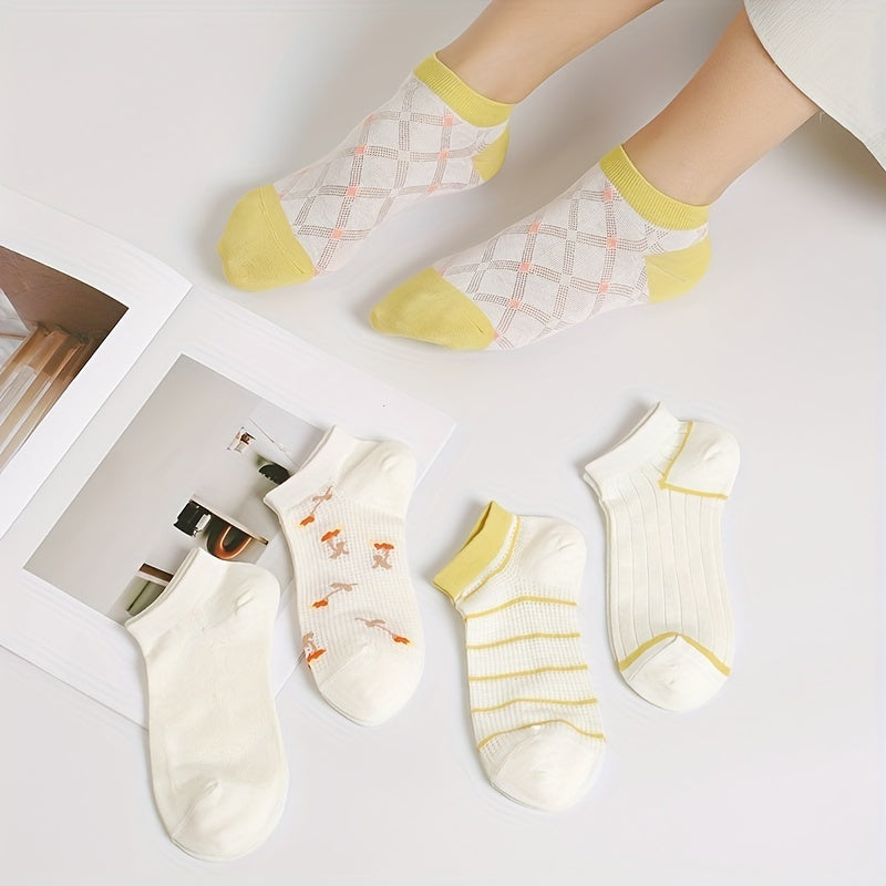5 Pairs Floral & Striped Ankle Socks Breathable Lightweight Women's Stockings