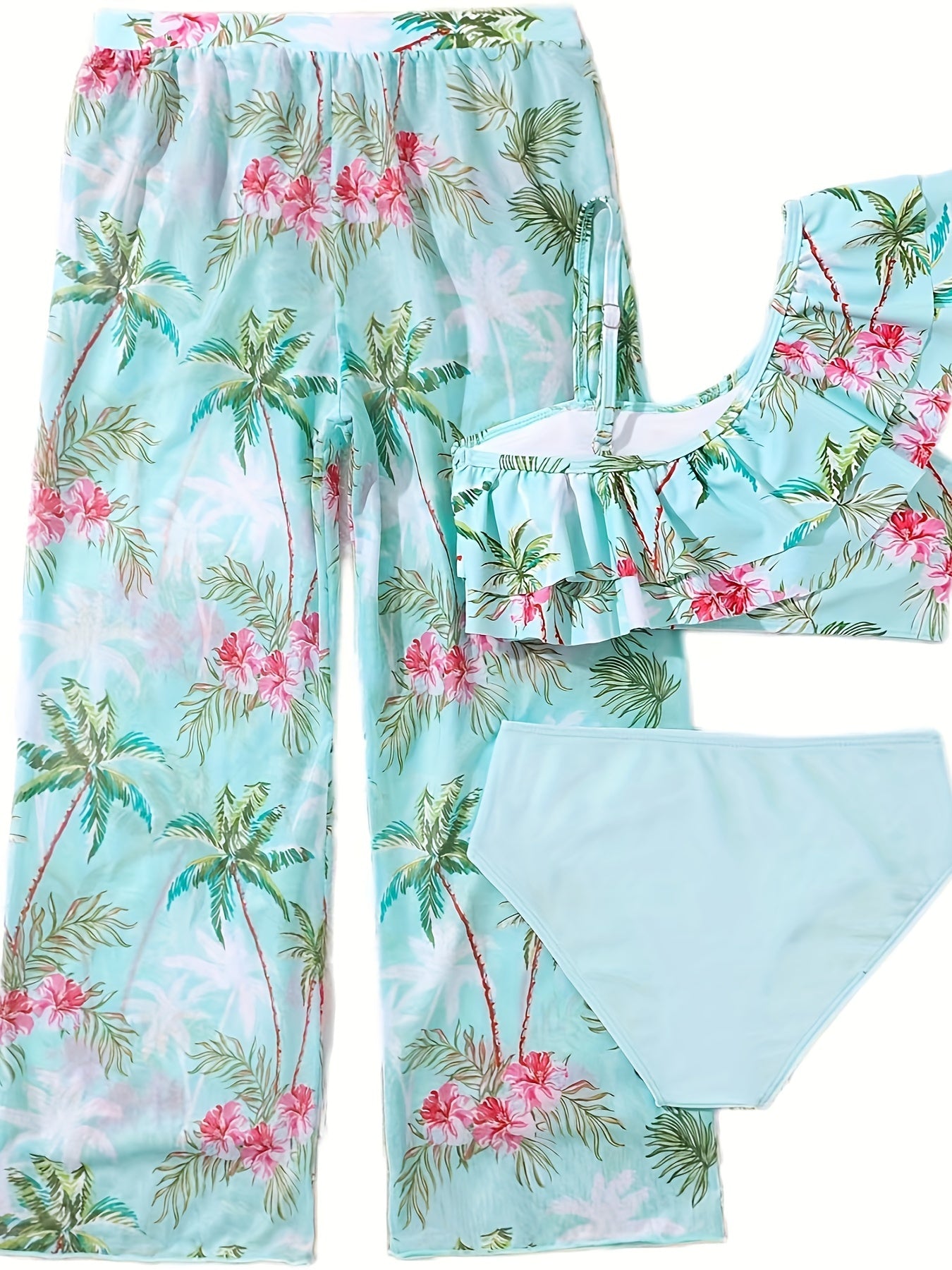 Girls Coconut Tree & Flower Print Swimwear Set