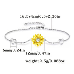 Sunflower & Heart Charm Bracelet with CZ 925 Sterling Silver