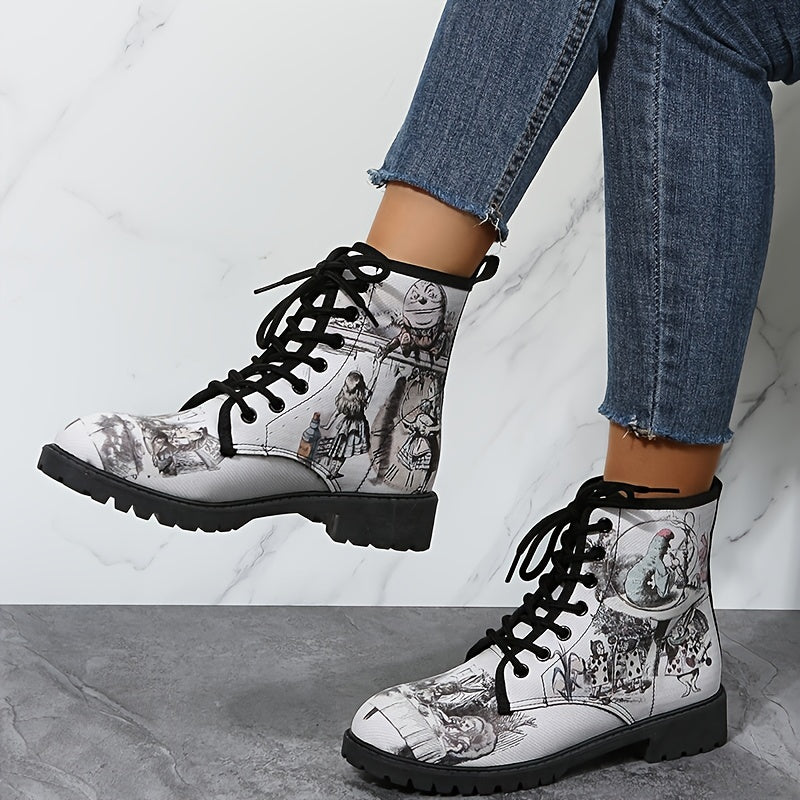 Gothic Style Print Ankle Boots Chunky Low Heel Lace Up Round Toe Combat Shoes