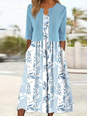 Floral Print Two Piece Dress Set Solid Crop Top & Crew Neck Dress