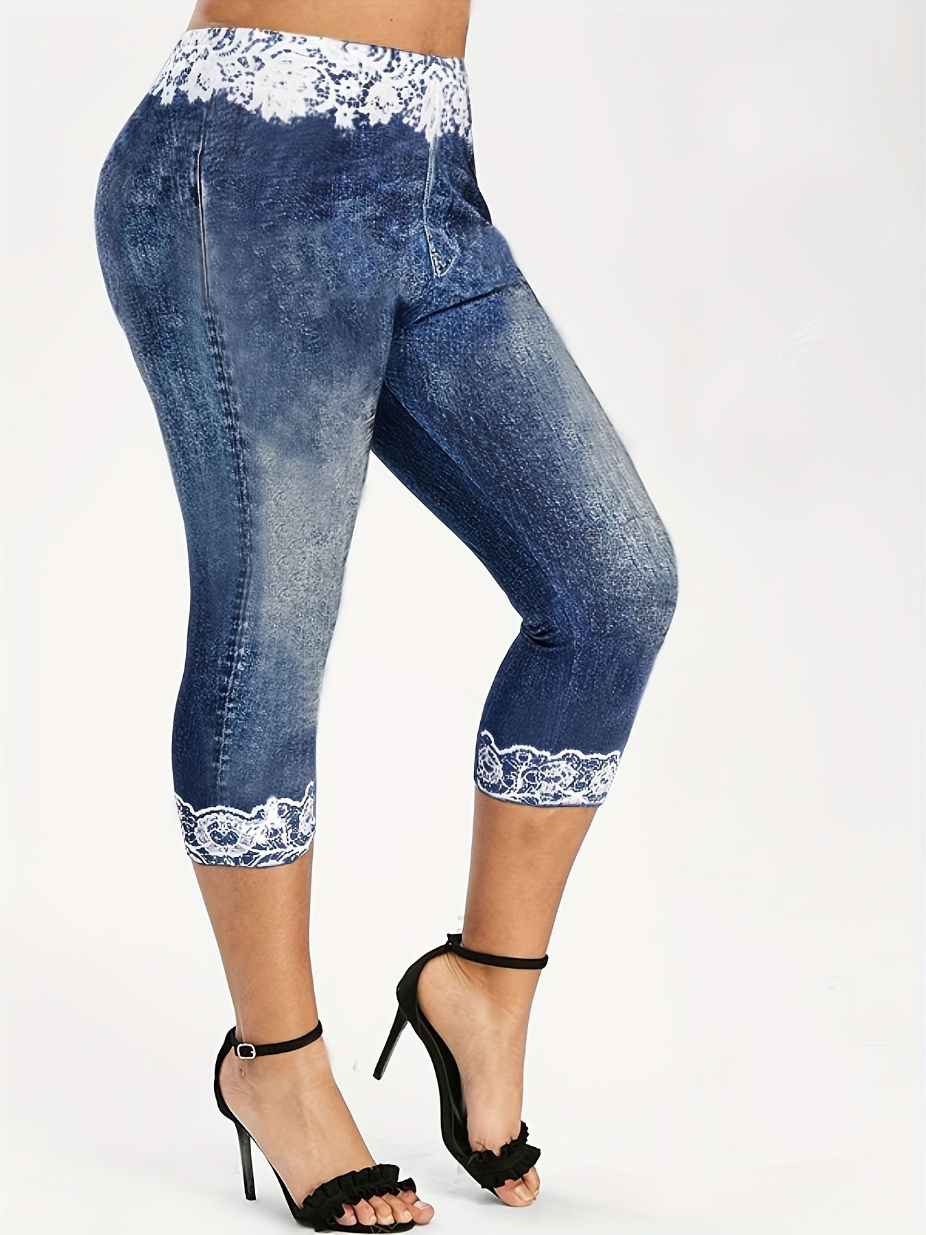 Butterfly & Denim Print Skinny Leggings High Waist Yoga Leggings