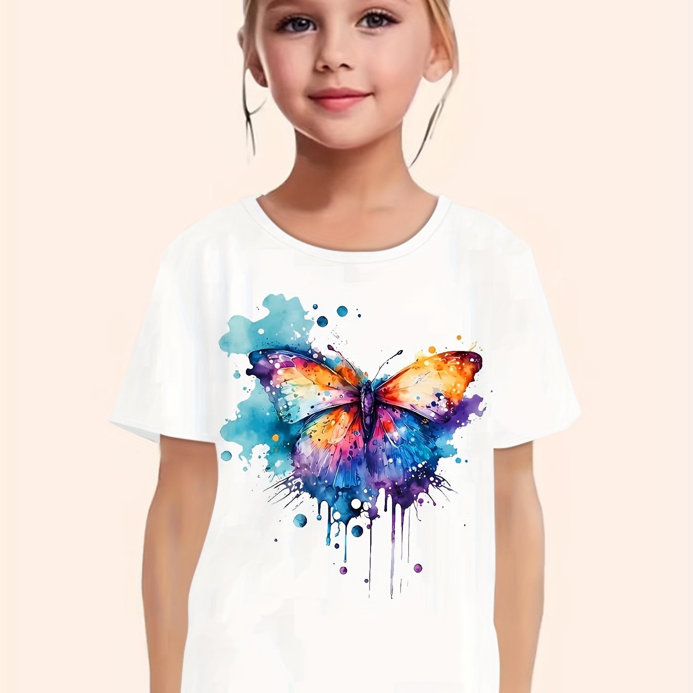 Tie Dye Butterfly Graphic Short Sleeve T shirt For Girls Summer