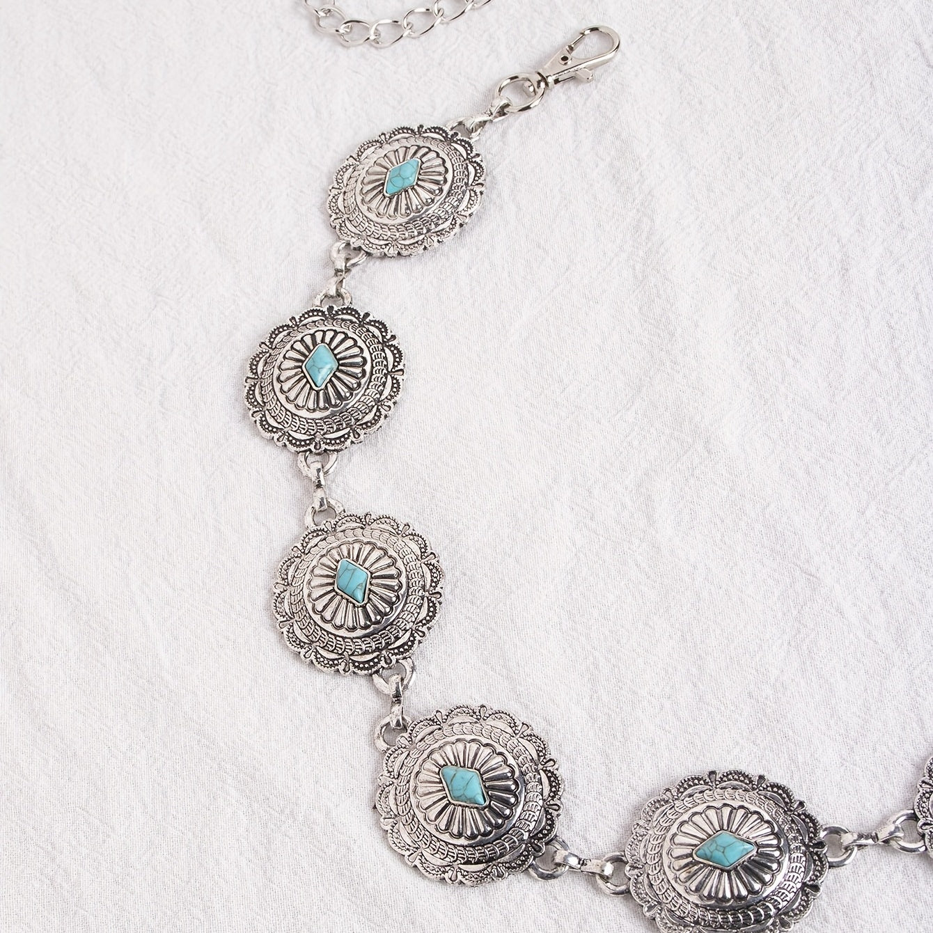 Turquoise Carved Silvery Waist Chain Geometric Flower Embossed Belly Chain 