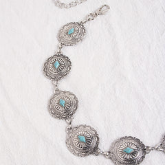 Turquoise Carved Silvery Waist Chain Geometric Flower Embossed Belly Chain 