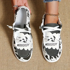 Women's Milk Cow Imprint Canvas Shoes Lace up Slip on Flat Shoes