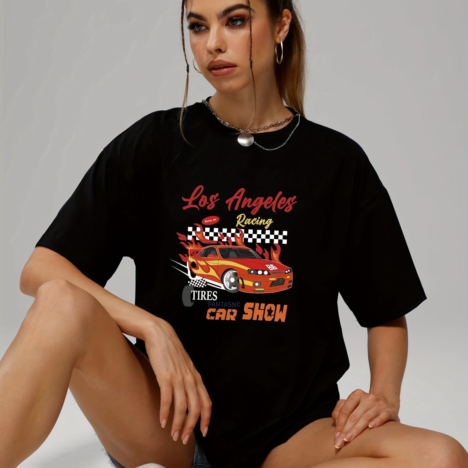 Modern Car & Letter Print T shirts Short Sleeve O neck Tee Women's Summer Tops