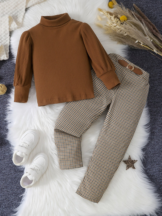 Girl's Ribbed Turtleneck Top & Plaid Pants Set for Spring Fall